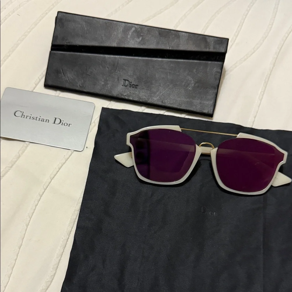 Dior White Frame Sunglasses with Purple Lenses and Gold Bridge